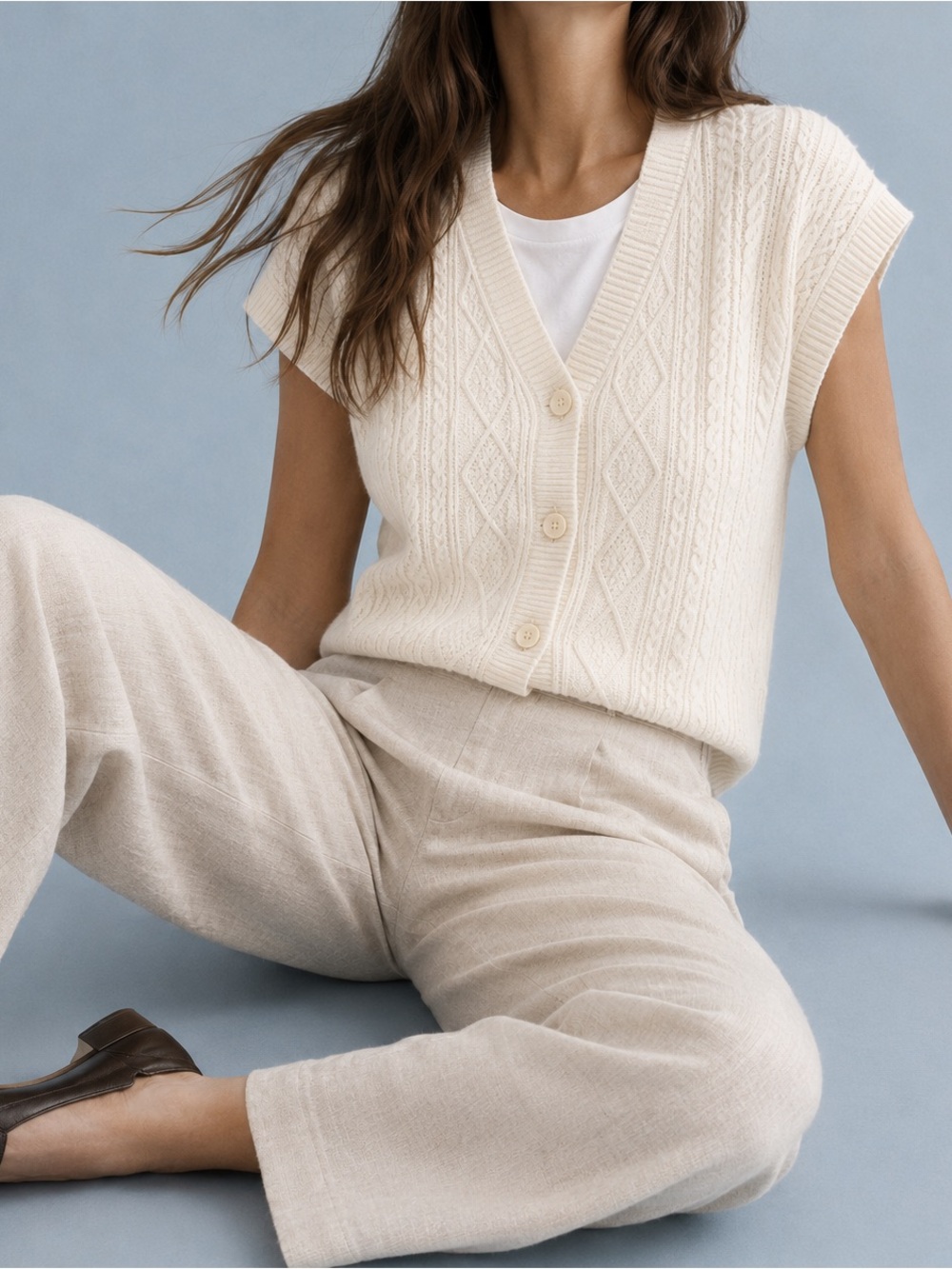 Max Studio Merino Wool Cable Knit Sweater Vest XL Cream Boxy NWT Button V Neck
